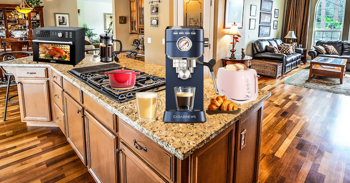 A luxury kitchen counter featuring a vibrant espresso maker and a retro stainless steel toaster