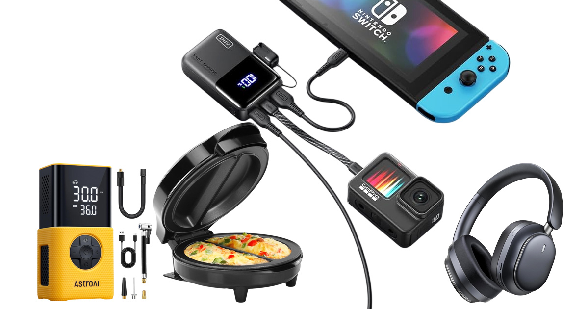 Collection of useful tech gadgets including a portable power bank charging a Nintendo Switch and GoPro camera, wireless noise cancelling headphones, a compact air compressor, and a dual omelet maker.