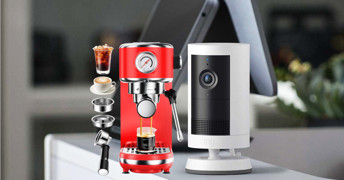 Red espresso machine with milk frother and a white Ring security camera displayed on a modern countertop, showcasing useful home gadgets on sale