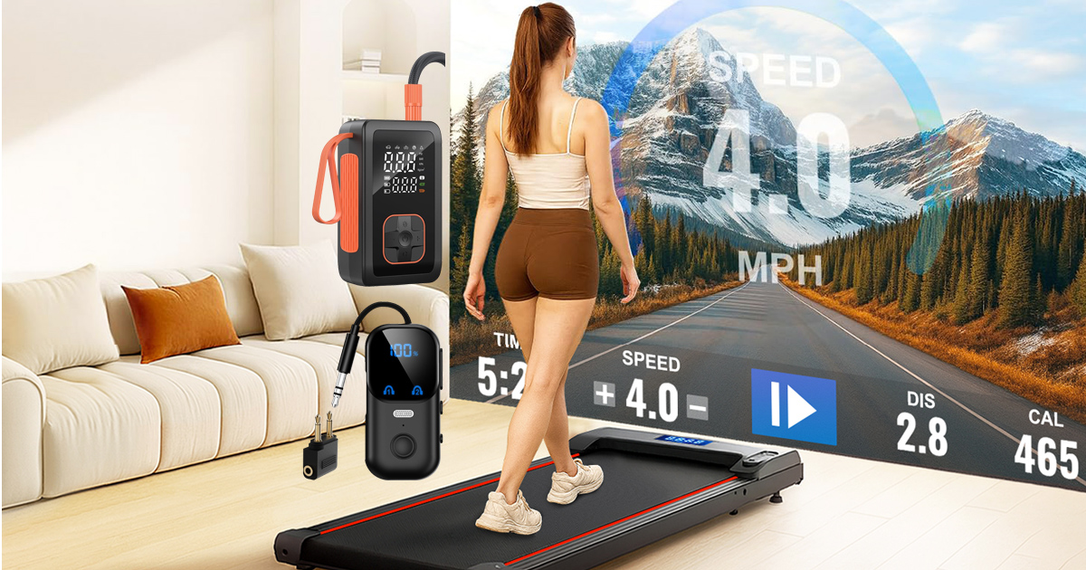 Smart lifestyle gadgets including a portable tire inflator, compact walking pad, and travel Bluetooth transmitter.