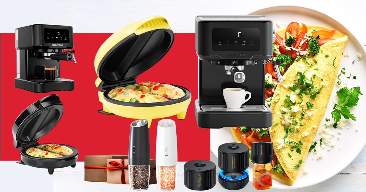Kitchen gadget collage featuring a stainless steel 2-section omelet and frittata maker, Chefman CraftBrew espresso machines, electric salt and pepper grinders, and freshly prepared omelets and breakfast dishes