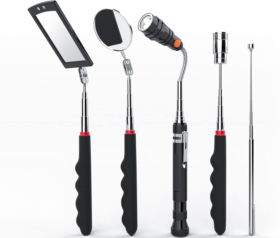 VIBELITE 5-piece telescoping magnetic pickup tool kit with round and square LED inspection mirrors, flexible flashlight, and magnetic rods spread out on a white surface.