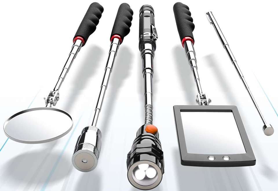 VIBELITE 5-piece telescoping magnetic pickup tool set including round and square inspection mirrors with LED lights, flexible flashlight, and magnetic rods for dim spaces.
