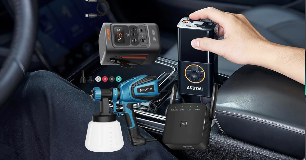 Gadgets, including a power bank, spray gun, and a tire inflator