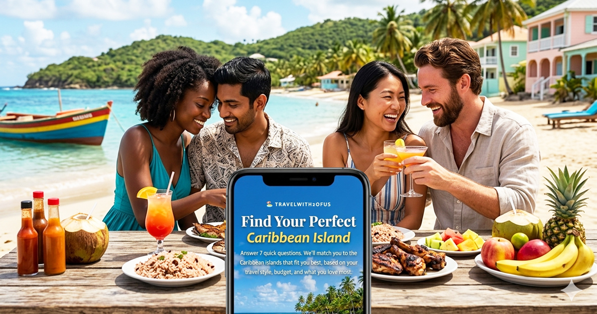 A group of four diverse friends, with mixed pairings of men and women, gather around a rustic wooden table laden with authentic Caribbean cuisine and colorful rum cocktails on a sun-drenched beach with a background of turquoise water, a fishing boat, and lush hills.
