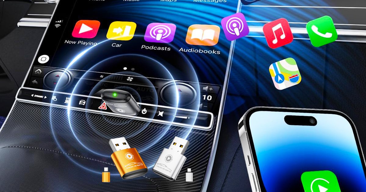 Wireless CarPlay adapter connected to a car's infotainment system, with an iPhone and compact USB adapters shown alongside the CarPlay interface.