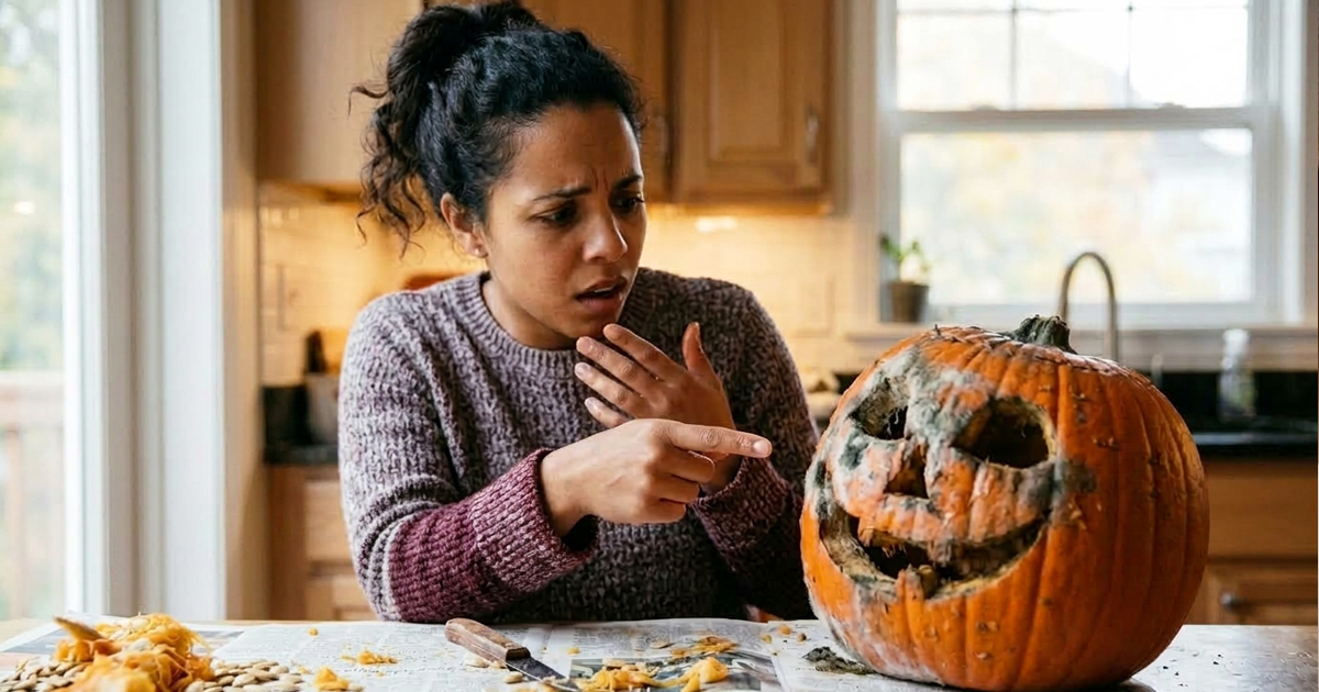 A woman with curly dark hair looking shocked and disgusted as she points at a heavily rotting, mold-covered Halloween jack-o'-lantern on a kitchen table.