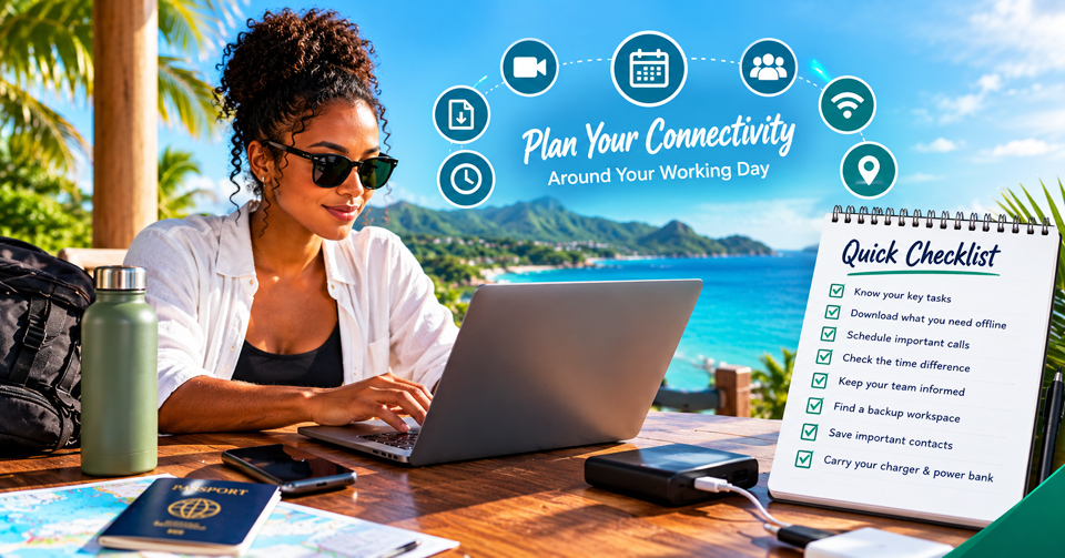 Remote worker planning her workday on a laptop at a tropical seaside terrace, with a checklist covering offline documents, important calls, time differences, team updates, backup workspace, saved contacts and portable power. A calendar, connectivity icons and travel essentials appear against a turquoise bay and green coastal mountains.
