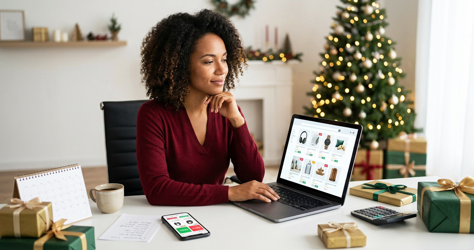 Woman using laptop computer planning Christmas shopping early