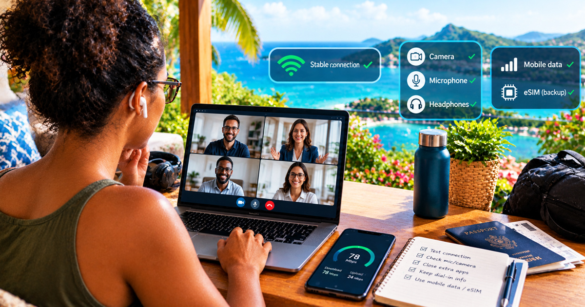 Woman working remotely from a tropical coastal terrace, joining a video conference on her laptop while checking her internet connection and meeting equipment. A smartphone, headphones, notebook, passport and travel essentials sit on the table, with visual indicators highlighting stable Wi-Fi and mobile data backup.