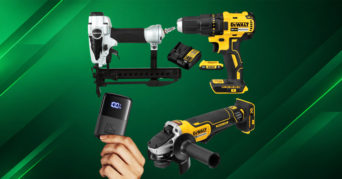 A white Metabo nail gun, a yellow DeWalt cordless drill with battery, a DeWalt angle grinder, and a hand holding a compact digital power bank displaying a 100 percent charge, arranged against a green geometric background.
