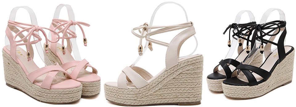 MAKEGSI Jute-Rope Lace Up Wedge Sandals