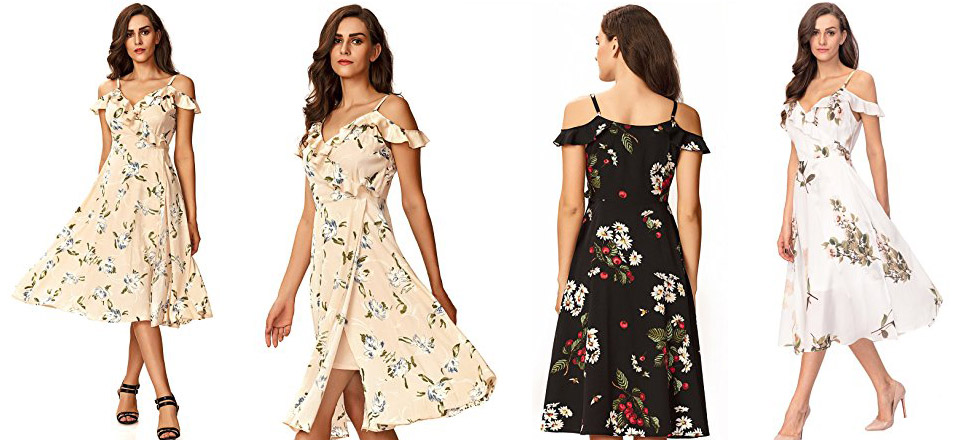 Noctflos Chiffon Summer Cold Shoulder Midi Dress