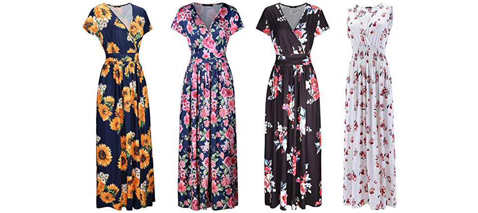 OUGES V-neck Pattern Pocket Maxi Dress